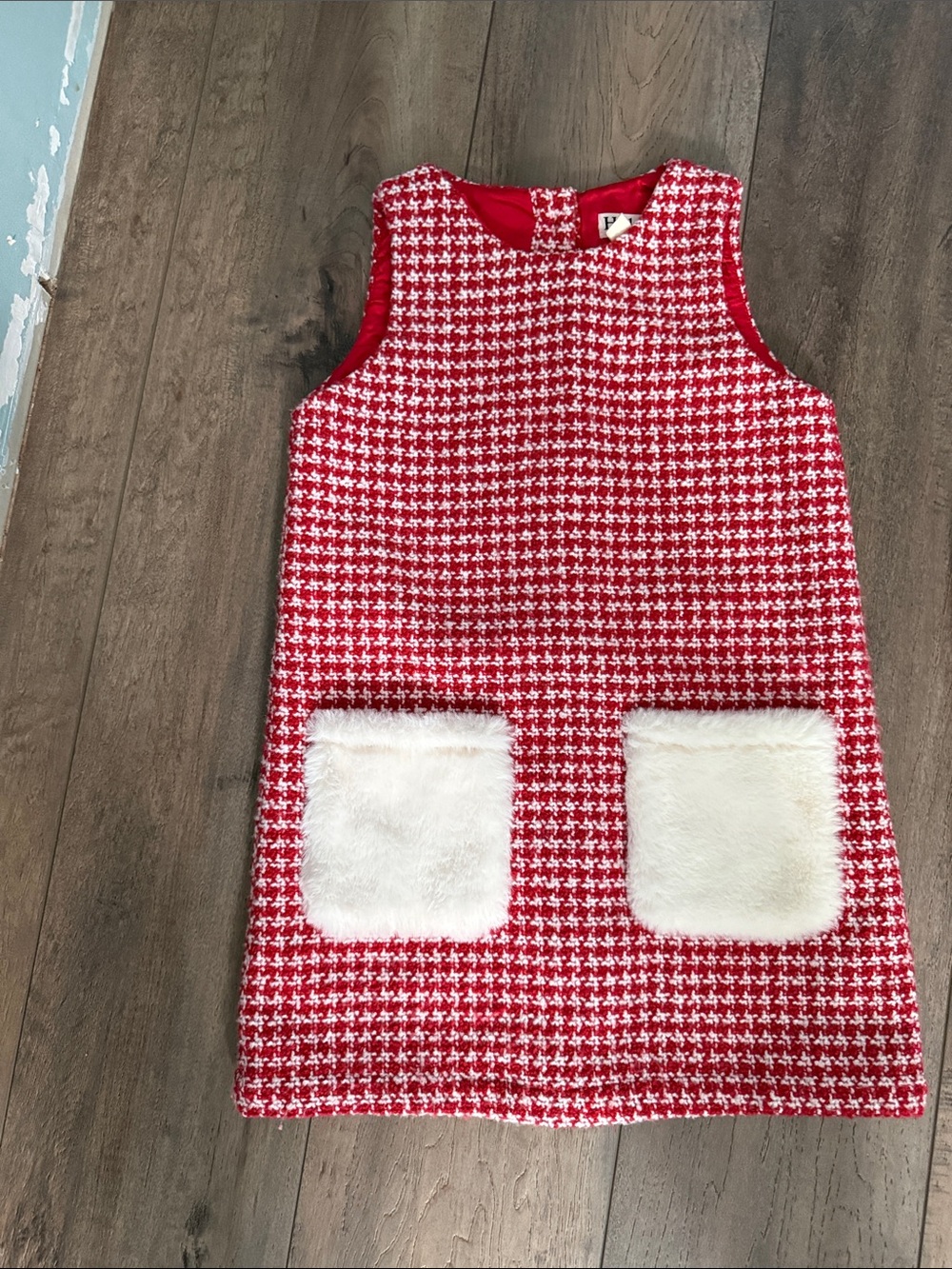 Girls Red Houndstooth Sleeveless Pajama Dress with Faux Fur Pockets